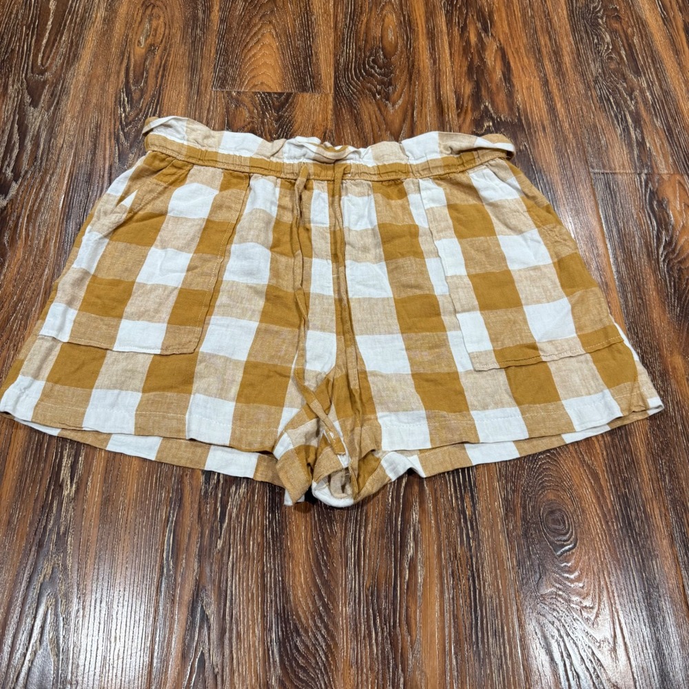 Who What Wear XL Shorts Womens Mustard White Buffalo Check Linen Blend Paperbag